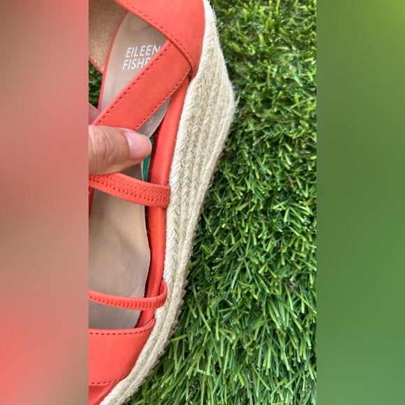 Eileen Fisher Wanda Suede Espadrille Wedge Coral Orange Raffia Zip SZ 9 - Picture 6 of 9